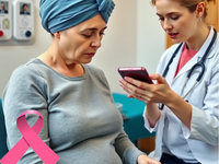 AI-generated image.

Prompt:
 A young female doctor with blonde hair tied back in a ponytail, wearing a white lab coat, a pink shirt underneath, and a stethoscope around her neck, is standing next to an older woman and showing her a red smartphone. The older woman, wearing a blue headscarf and a gray long-sleeve shirt, is sitting and looking down at the phone with a contemplative expression. The background is a medical office setting with white walls, a teal-colored chair or bed, and some medical equipment on the wall, including a clock and intercom system with buttons and small images. The scene is well-lit, with a warm and professional atmosphere. Source: Generated by Artistly AI; Copyright: N/A (AI-generated image); URL: https://mhealth.jmir.org/2026/1/e71412/; License: Public Domain (CC0).
