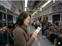 AI-generated image in response to the request "A Korean woman in her early 50s using a smartphone on a subway train in Seoul to respond to a patient experience survey question displayed on her screen, using a 4-point scale (as shown in the attached file). She has selected the top-box option but appears to be considering changing her response to the next category. The image should have a 4:3 aspect ratio (1200 × 900 px)." Generator: Gemini Nano Banana 2 [Mar 24, 2026]; Requestor: Young Kyung Do. Source: Image created by Gemini Nano Banana 2; Copyright: N/A (AI - generated image); URL: https://www.jmir.org/2026/1/e79398/; License: Public Domain (CC0).