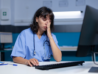 Source: Freepik; Copyright: DC Studio; URL: https://www.freepik.com/free-photo/medical-assistant-falling-asleep-while-using-computer-keyboard-healthcare-woman-nurse-using-monitor-desk-feeling-exhausted-working-late-night-tired-practitioner_21410060.htm; License: Licensed by JMIR.
