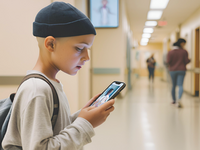 AI generated image in response to the request: "child with oncology in hospital setting playing AR game on a phone"; Requestor: Greta Franceska Jermolenko. Source: ChatGPT; Copyright: N/A (AI-generated image); URL: https://cancer.jmir.org/2026/1/e73889; License: Public Domain (CC0).