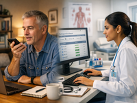 AI-generated image. 

PROMPT: A photorealistic image illustrating two halves of the image showing two people one representing a participant and the other one a clinical research coordinator. The halves of the image are not be separated by a explicit line but instead, implicitly and gradually changing the seen from one person to another. The participant is in their home, showing a person sitting at a desk engaged in recording his voice for a clinical study on his phone, symbolizing remote participation. The clinical research coordinator is in a clinical setup checking the participants recruitment on the monitor she is working with. Medical elements are included to represent healthcare context. Source: Microsoft Designer; Copyright: N/A (AI-generated image); URL: https://www.jmir.org/2026/1/e83432/; License: Public Domain (CC0).