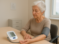 AI-generated image, in response to the prompt: "Create a realistic landscape image of an elderly female patient having her blood pressure measured with a digital blood pressure monitoring device. The setting is an outpatient clinic consultation room, and the patient is seated at a desk watching the monitor's screen." (Generator: ChatGPT / OpenAI, November 7, 2025; Requestor: Anna Zondag). Source: ChatGPT; Copyright: N/A (AI-generated); URL: https://www.jmir.org/2025/1/e71978; License: Public Domain (CC0).