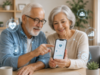 AI-generated image using prompt: Older adults using a mobile health app, with visual elements representing health monitoring, privacy/security, social context, and technology adoption in an aging society. (requested: 2026-06-04; requestor: Yasue Fukuda). Source: DALL‑E 3 (OpenAI); Copyright: N/A (AI-generated image); URL: https://mhealth.jmir.org/2026/1/e87832/; License: Public Domain (CC0).