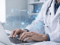 AI-generated image, in response to the request “A bright, high-key, photorealistic medical editorial image of a healthcare professional in a white lab coat typing on a laptop at a desk in a clean modern clinic. The composition is a close-up cropped from the chest down, with the face completely out of frame. A stethoscope hangs around the neck, partially visible. The laptop is positioned in the left foreground, the hands are centered over the keyboard, and the desk surface is visible in the lower area with printed clinical case-report papers. Around and above the laptop, soft transparent blue holographic medical interface panels float in midair, combined with delicate glowing node-and-line network patterns, elegant and minimal, resembling abstract clinical concept extraction and medical AI visualization. The holograms are subtle, semi-transparent, and layered, not overly futuristic, with soft blue light. No readable text, no letters, no numbers, no labels, no symbols anywhere in the interfaces or documents. Clean healthcare stock-photo aesthetic, soft daylight, realistic materials, shallow depth of field, calm professional atmosphere, premium scientific journal artwork style, no clutter, no watermark. ”(Generator: ChatGPT Images/OpenAI March 21, 2026). Source: AI-generated image; Copyright: N/A (AI-generated image); URL: https://www.jmir.org/2026/1/e78681; License: Public Domain (CC0).