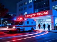 AI generated image in response to the request "emergency hospital with ambulance in front of the hospital, with people in light trails." Generator: Piscart January, 4th, 2026; Requestor: Natasya Nasir. Source: Piscart; Copyright: N/A (AI-Generated Image); URL: https://www.i-jmr.org/2026/1/e78073; License: Public Domain (CC0).