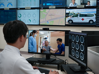 A stroke neurologist at a comprehensive stroke center is conducting a video-conferencing teleconsultation from the telehealth center for a patient at a rural primary stroke center. The screen of video-conferencing is an AI-generated image, in response to the request “A patient with acute ischemic stroke undergoing a hand neurological examination, accompanied by a physician and nurse at a rural primary stroke center.” (Generator: DALL-E3/OpenAI March 28, 2026). Source: Generated with OpenAI’s DALL·E; Copyright: N/A - AI generated image; URL: https://mhealth.jmir.org/2026/1/e86436; License: Public Domain (CC0).