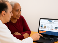 AI generated image, in response to the prompt "use the PACE website screenshot to generate a new picture that patient and researcher are viewing this website". Source: Image created by authors using AI image generator Sora; Copyright: N/A (AI-generated image); URL: https://cancer.jmir.org/2026/1/e70354; License: Public Domain (CC0).