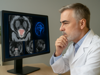 AI-generated image, in response to the request "A focused male doctor analyzing prostate MRI images with AI assistance in a medical office" (Generator: DALL-E2/OpenAI October 12, 2025; Requestor: [Jia Li]). Source: Image created by the authors; Copyright: N/A(AI-generated image); URL: https://chatgpt.com/c/68eb16b0-e6ec-8321-b7dc-40efe0365a6a; License: Public Domain (CC0).