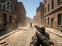 Prompt: Please generate an image of a still of first person shooter video game, including the player in alley, only hands and pistol shown, aiming at an enemy about 30 feet away. Enemy should be in light armor, no camo, with face uncovered, walking across an intersection ahead (not looking directly at player). environment should be daytime in a dusty city. There should be HUD style map in the top left but no other text. Source: Generated using Gemini AI; Copyright: N/A (AI-generated image); URL: https://games.jmir.org/2026/1/e79976/; License: Public Domain (CC0).