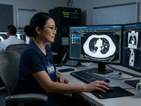 Photorealistic image of clinician using cloud medical imaging to view CT scans. Generated Tamara Capar 30 March 2026. Source: Image created by JMIR; Copyright: N/A - AI-generated image; URL: https://gemini.google.com/app/198e940a9e008a7e; License: Public Domain (CC0).