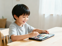AI-generated image, in response to the request "An image of a child concentrating on playing a tablet game on the desktop. This is a home scene with soft daylight. The furniture is mainly light-colored. The child is focused and has a natural and happy expression. The desktop is clean and free of clutter." (Generator: Jimeng-AI/ByteDance; Date: October 28, 2025; Requestor: Qiong Li). Source: Created with Jimeng-AI, an AI system by ByteDance; Copyright: N/A (AI-generated image); URL: https://games.jmir.org/2026/1/e76114/; License: Public Domain (CC0).