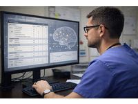 AI-generated illustrative image depicting clinicians reviewing structured clinical data for Parkinson’s disease diagnosis, with subtle digital elements indicating AI-assisted analysis. The image conceptually represents the use of large language models to support clinical decision-making based on structured datasets. Source: DALL·E by OpenAI; Copyright: N/A (AI-generated image); URL: https://medinform.jmir.org/2026/1/e77561/; License: Public Domain (CC0).