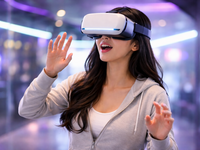 AI generated image in response to the request: "Generate and image of an Asian woman using VR googles"; Requestor: Jing Shi. Source: ChatGPT; Copyright: NA (AI-generated image); URL: https://www.i-jmr.org/2026/1/e77011/; License: Public Domain (CC0).