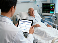 AI generated image in response to the request "✅ Realistic emergency room style (realistic hospital lighting) ✅ The picture features a male doctor and a middle-aged/elderly male patient wearing a hospital gown ✅ The middle-aged/elderly male patient is in a hospital bed ✅ A male doctor in a white coat is standing next to the bed in the emergency room ✅ The male doctor is holding a tablet displaying the interface of an "Early Neurological Deterioration Risk Assessment System." The first image serves as the interface for the "Early Neurological Deterioration Risk Assessment System." ✅ Next to the bed are emergency room equipment such as a patient monitor and an IV stand. The second image serves as the interface of the cardiac monitor. ✅ The doctor is performing "Early Neurological Deterioration Risk Prediction Before Intravenous Thrombolysis" for the patient. ✅ Generated image perspective: The male doctor is holding a tablet and conducting a predictive score for the patient. The image should show the tablet interface and the cardiac monitor interface. The perspective is from behind the male doctor, showing the tablet interface, the patient, and the monitor.]" Generator: Liblibai AI; [October 31, 2025]; Requestor: WeChat user 1a5135. Source: Liblibai AI; Copyright: N/A (AI-generated image); URL: https://www.jmir.org/2025/1/e77858; License: Public Domain (CC0).