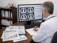 AI-generated image, in response to the request "Create an image of a doctor analyzing patient data. Have a doctor, wearing a white coat seated at a desk in a well-organized office, examining lung CT scans from a patient. Have the computer screen slightly blurred. On the desk, other materials such as screening guidelines are visible but instead of words, guidelines are shown through infographics and graphs. Make this image photorealistic. Make the image 1000X750 pixels" (Generator: DALL-E/OpenAI January 6, 2025; Requestor: Jenny Woo). Source: Created with DALL-E, an AI system by OpenAI; Copyright: N/A (AI-Generated image); URL: https://cancer.jmir.org/2026/1/e80659; License: Public Domain (CC0).