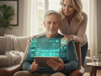 AI generated image in response to the request "older patient undergoing advance cancer therapy interacting with a tablet displaying clinical measures with supporting caregiver." Generator: Gemini [September 29, 2025]; Requestor: Samantha McClenahan, PhD. Source: GEMINI AI; Copyright: N/A (AI-generated image); URL: https://www.jmir.org/2025/1/e71956; License: Public Domain (CC0).