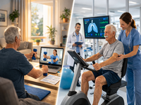 AI-generated image, in response to the prompt "Photorealistic illustration comparing home-based pulmonary telerehabilitation and center-based pulmonary rehabilitation for patients with chronic obstructive pulmonary disease (COPD). On the left, an elderly patient performs resistance exercise with dumbbells at home while following a therapist on a laptop screen during a remote rehabilitation session. On the right, a patient receives supervised rehabilitation in a clinical setting using exercise equipment with healthcare professionals present." 
Generator: OpenAI DALL·E, March 9, 2026. Requestor: Ya Li. Source: OpenAI DALL·E; Copyright: N/A (AI-Generated image); URL: https://www.jmir.org/2026/1/e80500; License: Public Domain (CC0).