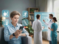 Illustration of a patient at home using a smartphone mHealth app and a wearable. Four floating icons surrounding the patient represent the main data streams collected and/or displayed by the app: patient-reported outcomes (PROs) and patient-reported outcome measures (PROMs) related to diet, physical activity, and fever symptoms; plus nutrigenetic profile and gut microbiota data. All data streams feed into the application to deliver personalized health recommendations. On the right side, two physicians and a nurse examine a digital dashboard that integrates these patient-generated and multi-omics data to support remote monitoring and evidence-based clinical decision-making. Source: Image originally generated using Grok (xAI model developed by xAI) in response to a prompt by Jose M. Iniesta-Chamorro; subsequently edited and enhanced by the authors (additional icons and color adjustments).; Copyright: N/A (AI-generated image); edited by the Authors; URL: https://cancer.jmir.org/2026/1/e69525/; License: Creative Commons Attribution (CC-BY).
