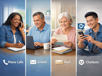 AI-generated image in response to the request "- [ ]  Create a professional, healthcare-themed illustration showing a comparison of four patient outreach modalities used to address gaps in care: (1) telephone calls, (2) emails, (3) mailed letters, and (4) chatbot or mobile messaging. The image should be divided into four vertical panels, each depicting a diverse adult patient interacting with one communication method (phone conversation, reading email on a laptop, reviewing a mailed letter, and engaging with a chatbot on a smartphone). Use a realistic, polished digital illustration style suitable for academic publication. Avoid cartoonish exaggeration. Ensure neutral clinical tone, diverse representation, and a clean composition without text overlays or whitespace. Aspect ratio 4:3." (Generator: DALL-E; 
 1/13/2026). Source: DALL-E/Open AI; Copyright: N/A (AI-Generated image); URL: https://medinform.jmir.org/2026/1/e81370/; License: Public Domain (CC0).