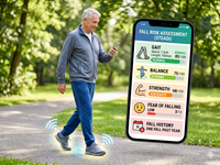 AI generated image in response to the request: "Please generate an TOC image to show that an older adult is wearing a smart insole duirng walking for fall risk assessment and the smart insole is connected with a smartphone for data vidualization. On the smartphone, it shows the five important factors for risk assessment used by STEADI: Gait, Balance, Strength, Fear of falling, Fall history"; Requestor Diliang Chen. Source: Google Gemini Nano Banana Pro; Copyright: N/A (AI-generated image); URL: https://mhealth.jmir.org/2026/1/e93877/; License: Public Domain (CC0).