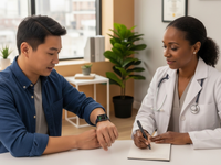 AI-generated image, in response to the request "Asian man showing his smartwatch his his female psychiatrist" (Generator: Google Pixel Studio December 21, 2025; Requestor: Adam Charles Frank). Source: Created with Google Pixel Studio; Copyright: N/A (AI Generated Image); URL: https://www.jmir.org/2026/1/e85033; License: Public Domain (CC0).