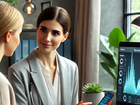 Generate an image with DALL-E using photorealistic or 3D style of a mental health clinician discussing a line graph with their patient. The patient is holding a smartphone because it generated the data. The clinician and the patient are looking at the line graph on a computer monitor. It is a psychiatrist's office, female (Generator: DALL-E February 25, 2025; Requestor: Julia Schulte-Strathaus). Source: DALL-E; Copyright: N/A (AI-generated); URL: https://www.jmir.org/2025/1/e72893; License: Public Domain (CC0).