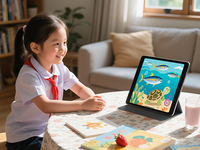 AI-generated image in response to the prompt "An 8-year-old girl in a primary school uniform sits on a round wooden stool. Sunlight streams through the right window into the living room, illuminating the iPad screen where animated tuna fish and rotating turtles are displayed. Her chubby hands rest on the edge of a round table covered with a floral tablecloth, scattered with children's picture books and strawberry milk. The table surface extends into a softly blurred bookshelf background" (Generator: Jimeng 3.0 May 13, 2025; Requestor: Manting Hou). Source: Created with Jimeng 3.0; Copyright: N/A (AI-generated); URL: https://games.jmir.org/2025/1/e77402; License: Public Domain (CC0).