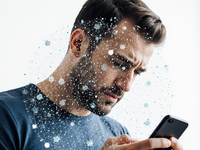 AI-generated image in response to the request "A man staring at his smartphone, overwhelmed by information overload" (Generator: Stable Diffusion; Requestor: Hiroko Okada;  2025.08.14). Source: Stable Diffusion; Copyright: N/A (AI-generated image); URL: https://www.i-jmr.org/2025/1/e67098/; License: Public Domain (CC0).