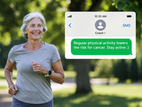 AI-generated image, in response to the request "older woman jogging in park, full body, smiling, natural light, realistic photo, in the top-right corner, overlay a larger realistic iPhone SMS notification (green bubble) clearly showing sender 'Coach' and message preview 'Regular physical activity lowers the risk for cancer. Stay active :)', ensuring it looks exactly like a standard iPhone SMS notification, with larger, clearer fonts and correct spelling of 'Coach" (Generator: Grok Imagine November 13, 2025; Requestor: Denise Cheung). Source: Created with Grok Imagine, an AI system by xAI; Copyright: N/A (AI-Generated image); URL: https://grok.com/share/c2hhcmQtNQ_ddda1385-4c6f-43d6-be12-cb935bd54e79; License: Public Domain (CC0).
