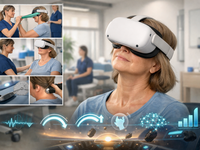 AI-generated image, in prompt to "Photorealistic 4:3 image of a middle-aged woman with fibromyalgia performing guided neck exercises while wearing an unbranded immersive VR headset, with subtle medical HUD overlays conveying reduced pain, kinesiophobia and central sensitization, increased cervical ROM and adherence, and sustained functional improvement." (generator: ChatGPT; requestor: Juan Pablo Hervás Pérez). Source: Image created by ChatGPT; Copyright: N/A (AI-generated image); URL: https://rehab.jmir.org/2026/1/e81158; License: Public Domain (CC0).